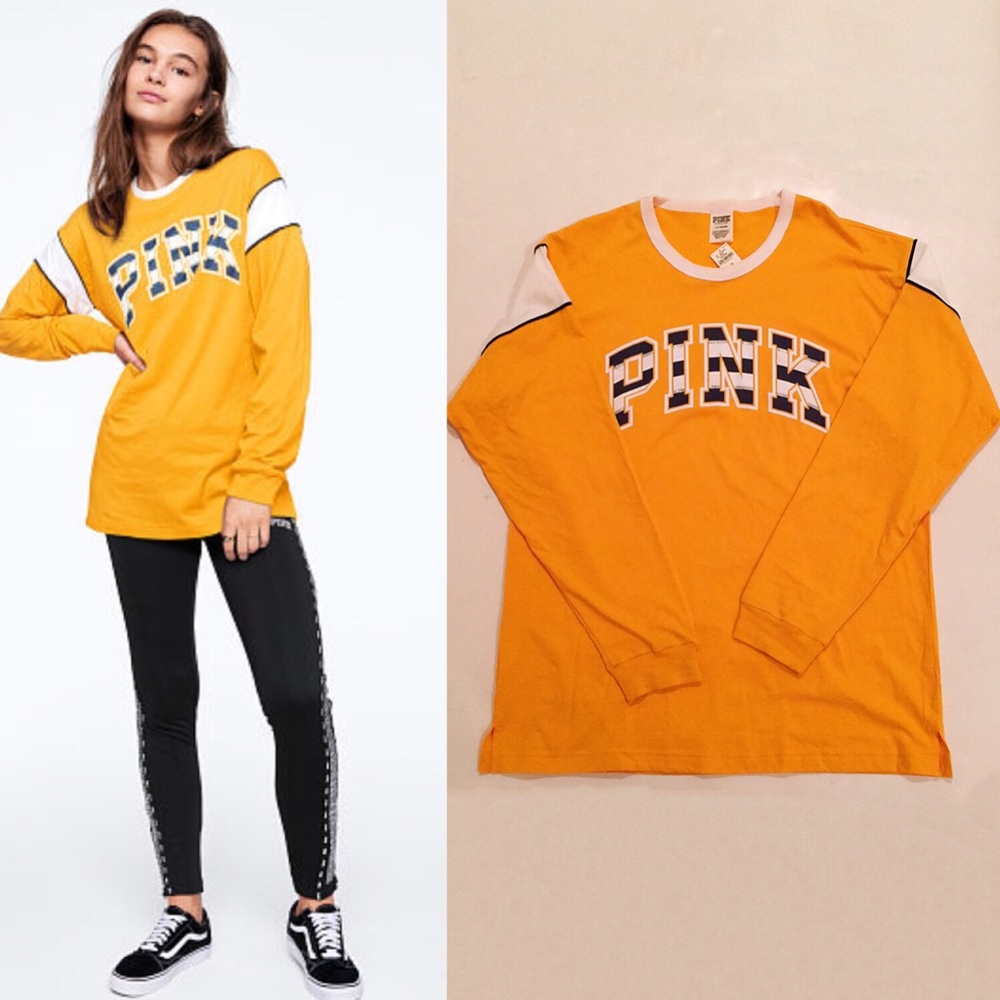 VS Pink long sleeve campus ringer tee yellow